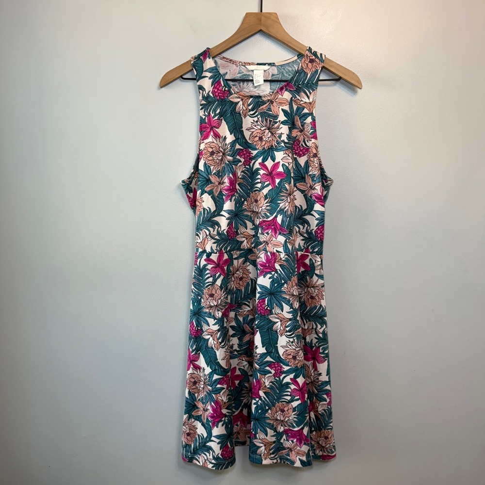 H&M Women's Tropical Floral Fit & Flare Midi Dress Pink Teal Sleeveless Large